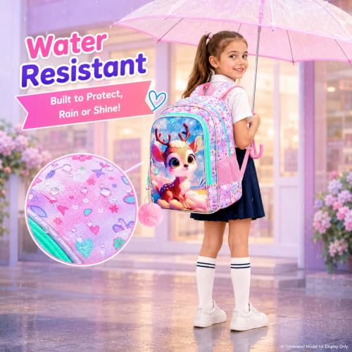 Image of AGSDON 3PCS Backpacks for Girls, 16 inch Kids Backpack with lunch box, Cute Deer Water Resistant Bookbag Set for Preschool Toddler