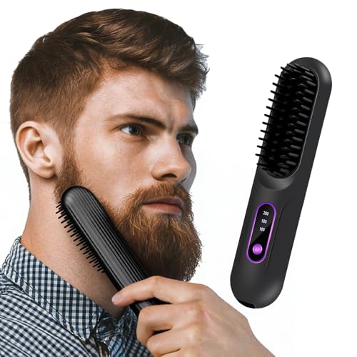 Beard Straightener for Men Cordless Heated Beard Brush for Men Electric Hot Comb Anti-Scald Mini Straightening Brush for Beard Grooming Portable for Travel and Home Use Gifts for Him Dad