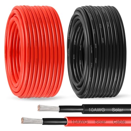 Solar Panel Wire 10 AWG(6mm) - Solar Extension Cable 50Ft Black & 50Ft Red 10 Gauge Tinned Copper PV Wire for Outdoor Automotive RV Solar Panel Boat Marine (Black+Red)