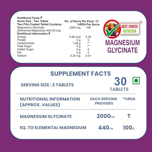 Image of Best Choice Nutrition Magnesium Glycinate High Absorption, Supports Sleep, Cramps, Nerves, Muscle Recovery, Bone Health, Tablets (30 Tablets)
