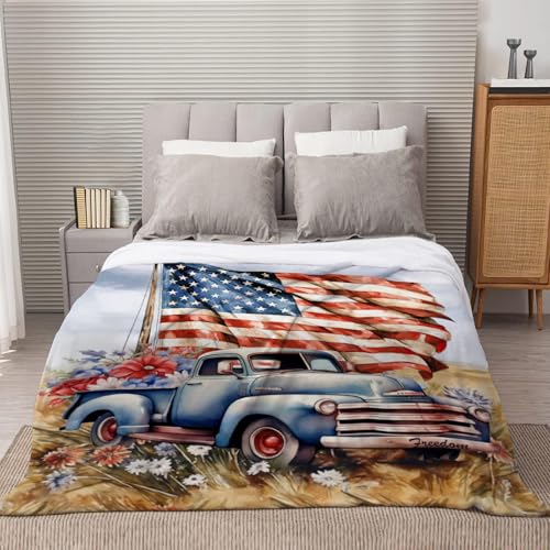 Image of YeeJu Patriotic Throw Blanket Queen Size Big 4th of July Memorial Day Fourth of July Blanket Bed Couch Soft Fleece Blanket Stars and Stripes Red White Blue American Flag Veteran Blanket 90x90