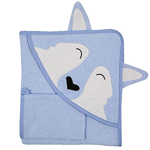 Image of Miniyoki Animal Baby Towel, Turkish Cotton Hooded Baby Towel (Wolf, Blue), 100% Cotton, Made in Turkey, Baby Registry Must Have (30x30 inches)