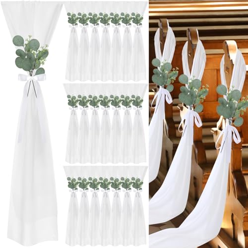 VitalCozy 24 Set Wedding Aisle Chair Decorations for Wedding Ceremony Pew Decor Chiffon Chair Sashes with Ribbon Bows and Artificial Floral for Church Aisle Bulk Decorations(Round Eucalyptus)