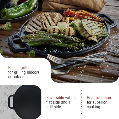 Image of Victoria Round Cast Iron Grill. Double Burner Griddle, with Removable Coil Handles Seasoned with 100% KoBibir Certified Non-GMO Flaxseed Oil, 12.5 Inch, Black