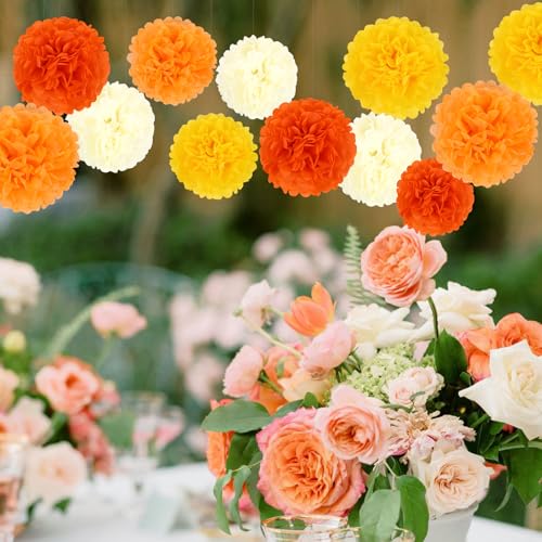 Image of BestoFun 16PCS Fall Party Decorations Orange Tissue Paper Flowers Pompoms Decorations for Girl Groovy Birthday Baby Shower Wedding Autumn Thanksgiving Halloween Room Wall Hanging Decor