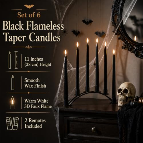 Image of Rhytsing 6-Pack Black Flameless Taper Candles with 2 Remotes for Halloween | Timer Function, Smooth Wax Finish, 3D Faux Flame, H 11 inch, Battery Candlesticks for Halloween Decor, Warm White Glow