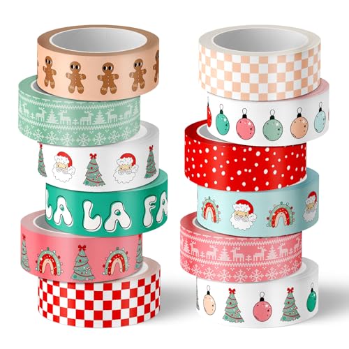 FYSUIMU 12 Rolls Christmas Boho Washi Tape Masking Tape Set Cute Santa Tree Gingerbread Man Wrapping Paper Tapes for Xmas Holiday Scrapbook Journal DIY Art Crafts