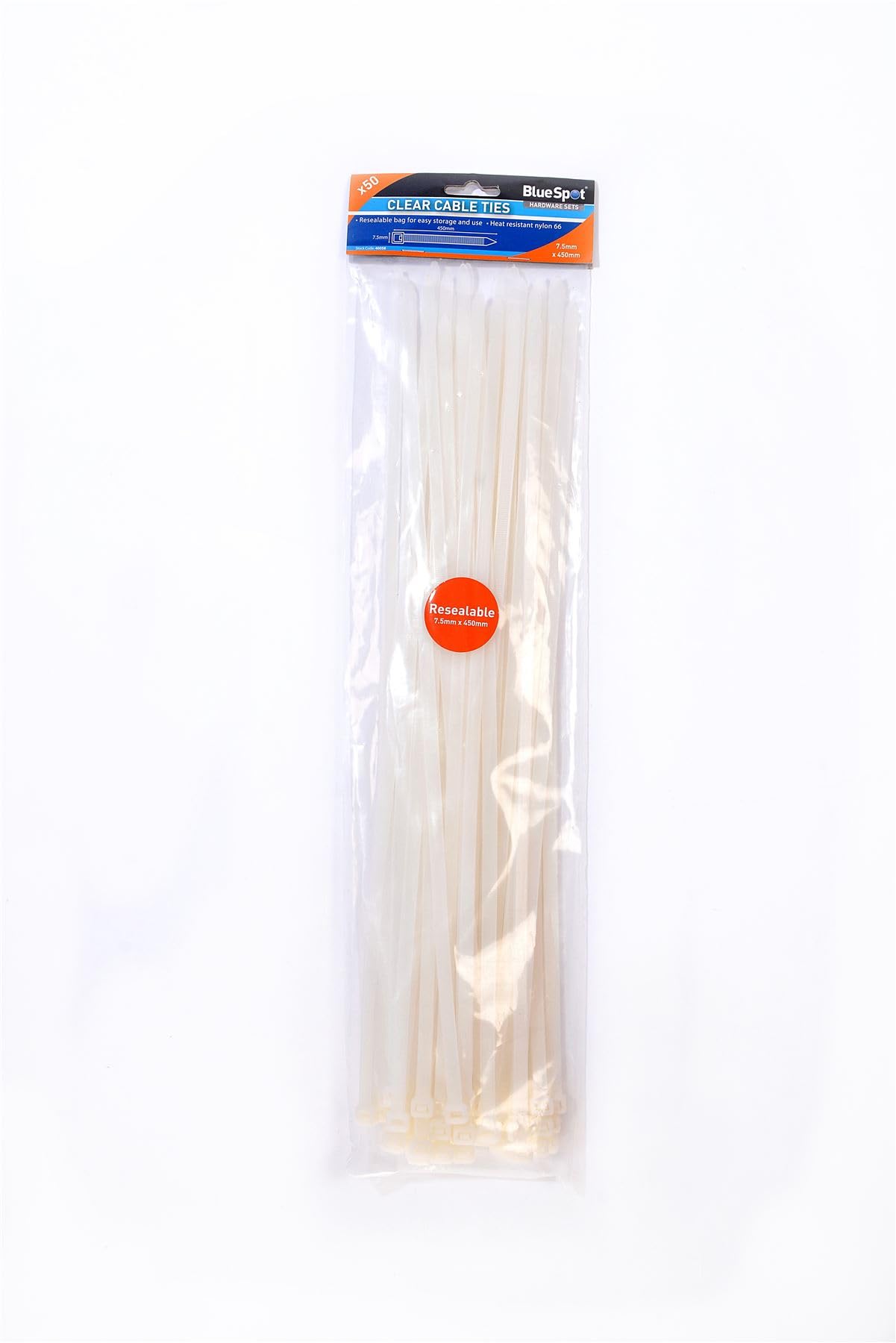 Colliers de serrage transparents Blue Spot 40058 de 7,5 x 450 mm en lot de 50