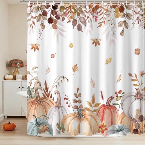 Lindameler Fall Pumpkin Shower Curtain Set Watercolor Autumn Maple Leaves Shower Curtain...