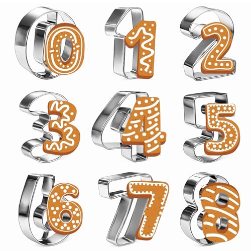 Tweruna Kuchenform Zahlen 9 Stück, Number Cake Backform 0-8 Mittel Edelstahl, Backform-Zahlen für Kekse, Kuchendekoration