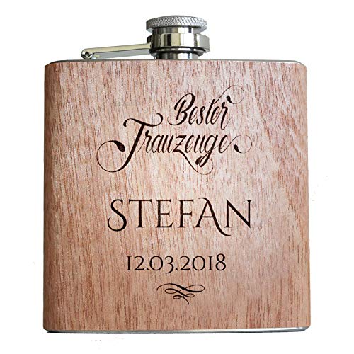 Holz Flachmann Bester Trauzeuge, mit persönlicher Namens Gravur | Geschenk Wunsch Name Datum graviert – Ansicht 2