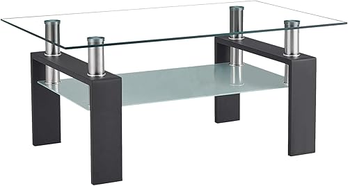 Miniatura 6 de Meihua Mesa de Centro de Vidrio Rectangular de 2 Niveles Mesa de Té Mesa de Centro Moderna para Sala de Estar Claro,Todo negro,multicolor/fantasía