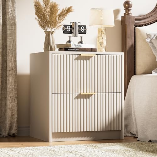Image of Furniway Nightstands Set of 2, Fluted Nightstand with Gold Metal Handles and 2 Drawers, Modern Bedside Table, 19.6 inch Wide Wood End Table for Bedroom, Beige