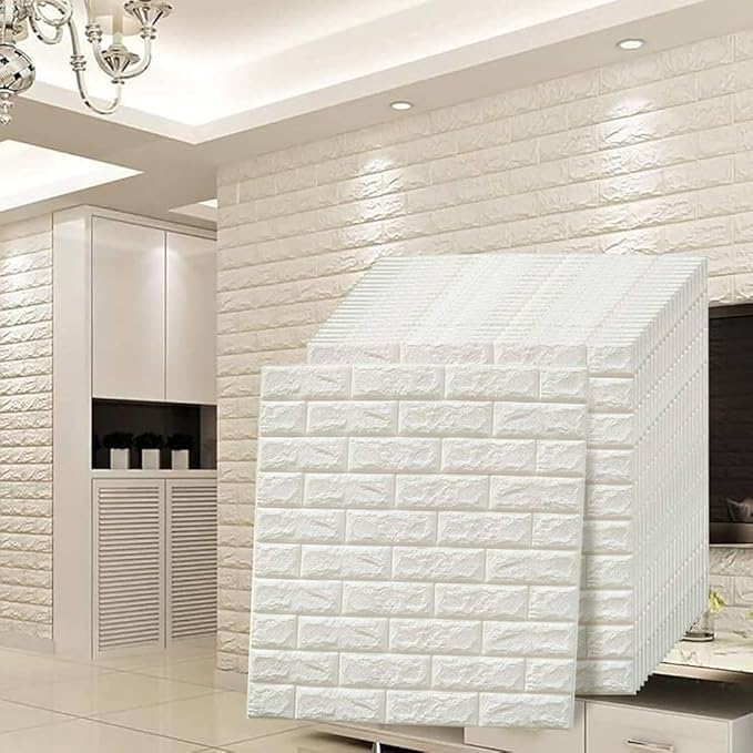 Image of STL 3D Brick Wallpaper Self Adhesive PE Foam Wall Sticker Waterproof DIY Wall Decor for Home Kitchen Bedroom Office (70 x 77 cm White-Pack of 15)