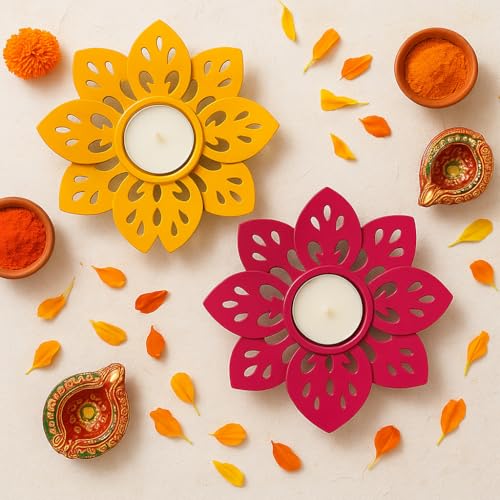 Image of The Purple Tree Set of 2 Pink & Yellow Floral Tealight Candle Holders for Diwali Decoration | Decorative Metal Flower Votives for Home Decor, Festive Lighting & Gifting | Diya Holder for Pooja