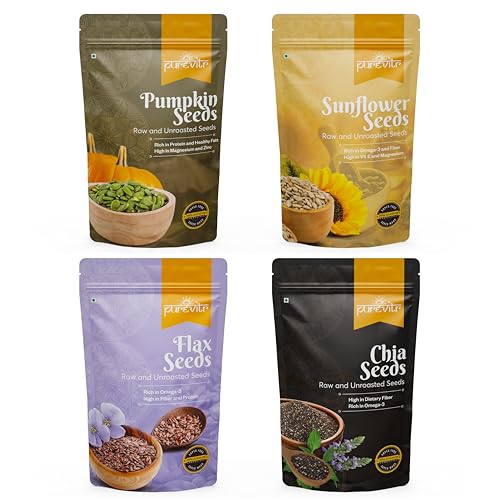 Image of Purevitr Edible Seeds Combo 800g (200g Each) | Pack of 4 | Pumpkin + Sunflower + Flax + Chia Seeds | Rich in Omega-3, Protein, Fiber & Essential Nutrients | Superfood for Healthy Living