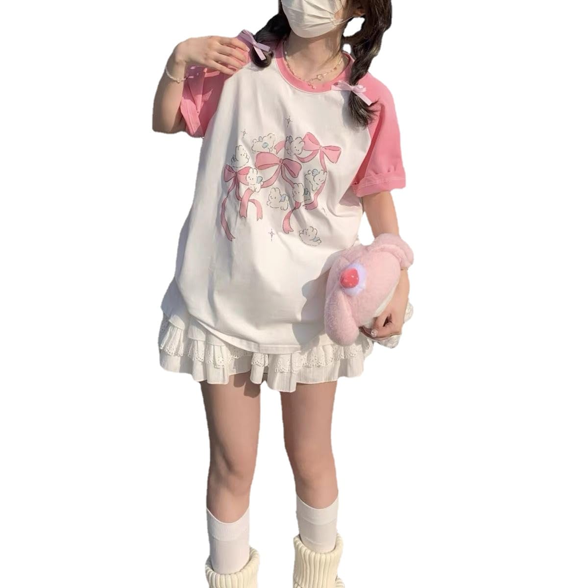 CEINOMKawaii Oversized T-Shirt Cute Pink Anime Shirt Japanese Harajuku Patchwork Tee Cartoon Print Loose Teen Girl Plus Size