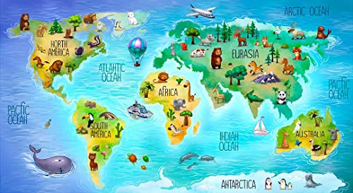 48" Children's Animal World Map Kids Wall Decal Peel And Stick Wall Art Removable Vinyl Wall Sticker For Playroom Nursery Decor - 26" Tall X 48" Wide #TOP22