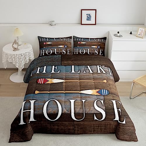 Lake House Twin Comforter Set Lake Boat Paddle Bedding Rustic Farmhouse Quilt Gift For Lake Lover, Vintage Wooden Stripes Texture Quilted Duvet For Kids Boys Teens Adult Women Bedroom Decor,