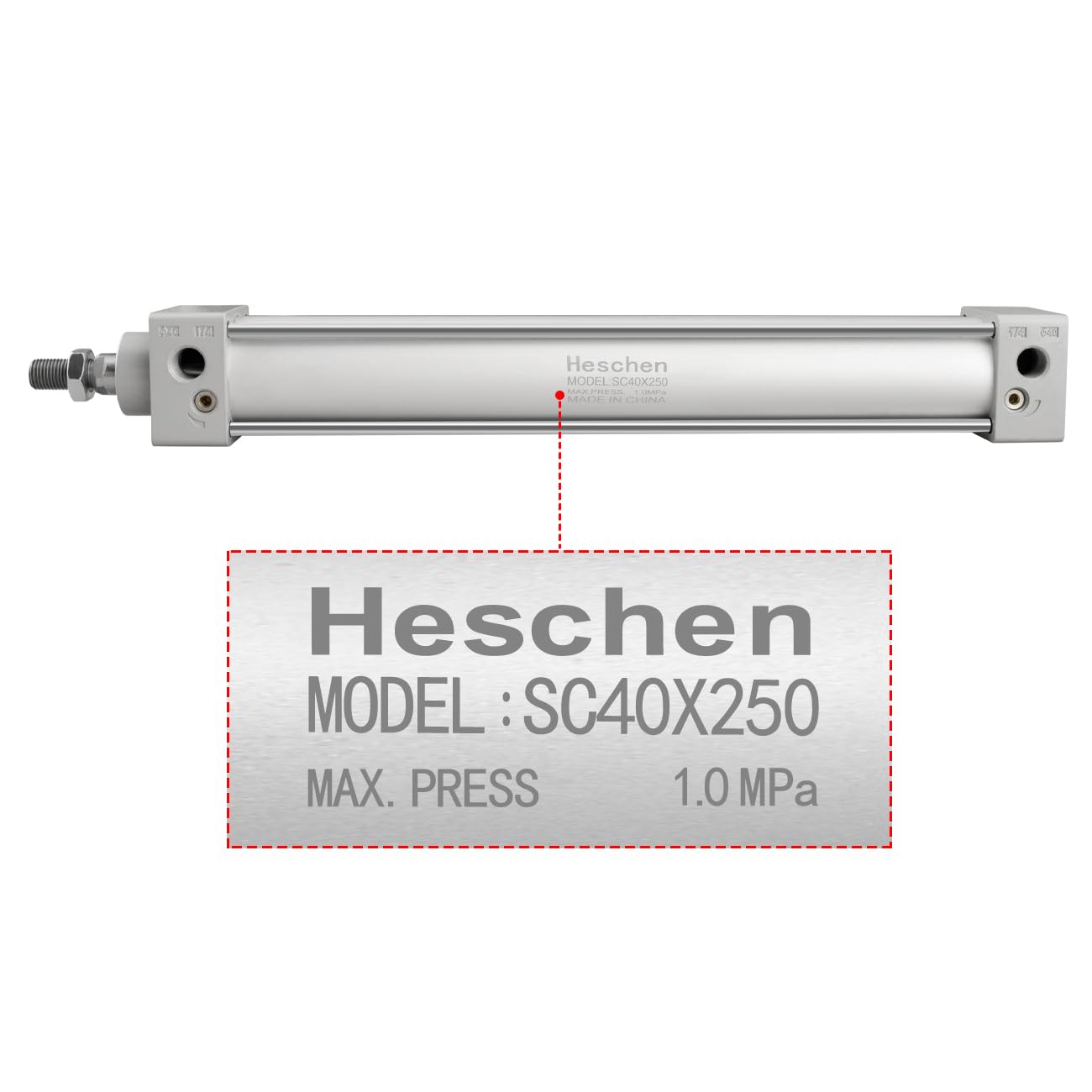 Heschen Vérin pneumatique Standard, SC 40-250, PT1/4'' Port, Alésage 40mm, Course 250mm, Double Effet
