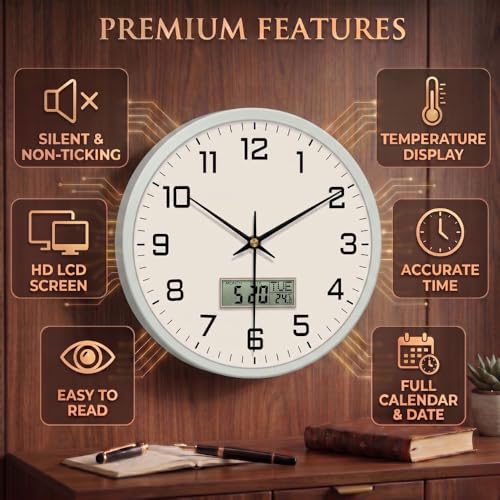 Image of STAR WORK Silent Non-Ticking Wall Clock 12 inch Inch Analog Clock & LCD Display | Calendar Date, Day, Temperature, Operated Decorative Clock for Living Room, Kitchen, Bedroom,Office (White Black Digital)
