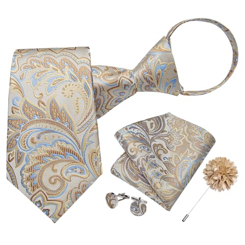 Image of DiBanGu Mens Zipper Tie Silk Pre-Tied Necktie with Gift Box | Jacquard Woven,Paisley Solid Plaid Pattern,6PCS with Pocket Square,Cufflinks and Lapel Pin,for Wedding Party Formal Business