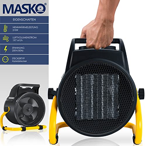 MASKO® Elektrische verwarming, ventilatorkachel, bouwverwarming, 9 kW, keramische warmtestraler, 9000 watt, elektrische verwarming, met thermostaat met 3 warmtestanden, elektrische verwarming, voor binnen en buiten - Afbeelding 3