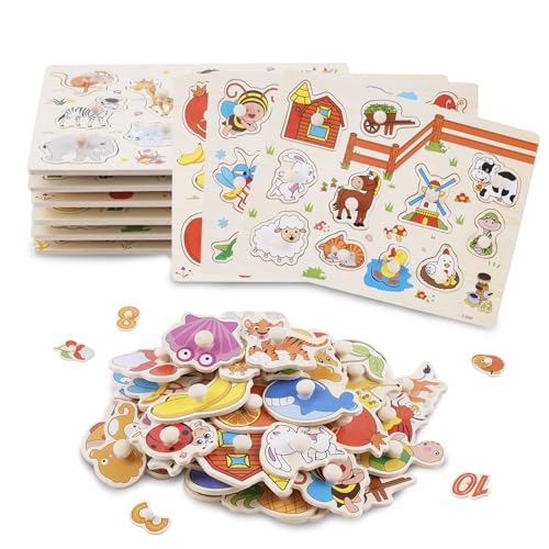 Wooden Peg Puzzles for Toddlers 6 Pack Wooden Jigsaw Set for Kids Preschool Educational Learning Gift Toys for Boys & Girls