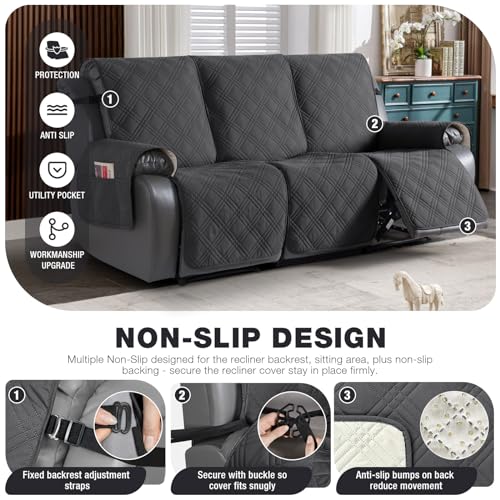 Image of TAOCOCO 100% Waterproof Recliner Sofa Cover, Non Slip Split Couch Covers for Reclining Couches with Elastic Straps, Reclining Sofa Cover Furniture Protector for Kids Pets(3 Seater, Charcoal Gray)