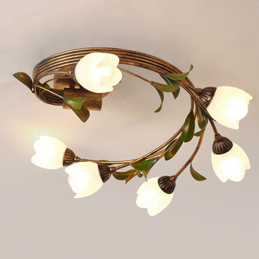 KXEcoLife E14 creative pastoral flower room lamp, Nordic French ceiling American retro chandelier, for bedroom and dining lamps,White