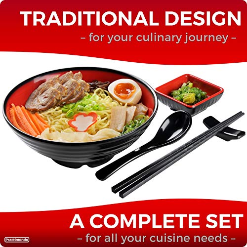 Unbreakable Ramen Bowl Set with Chopsticks and Spoon: 2 large Japanese Style Melamine Ramen Bowls, Dipping Bowls and Chopstick Stands for Asian Pho Soup Thai Miso Udon Wonton (2 Bowl Set, Red-Black) by Practimondo - Image 2