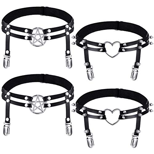 4 Pieces Adjustable Leg Harness Garter Belt Black Punk Gothic Thigh Ring Garter Faux Leather Punk Leg Ring Elastic Punk Suspender for Women Girls Valentine's Day
