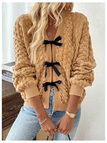 SOLY HUX Women's Bow Tie Front Cardigans Long Sleeve V Neck Knitted Sweater Outerwear4