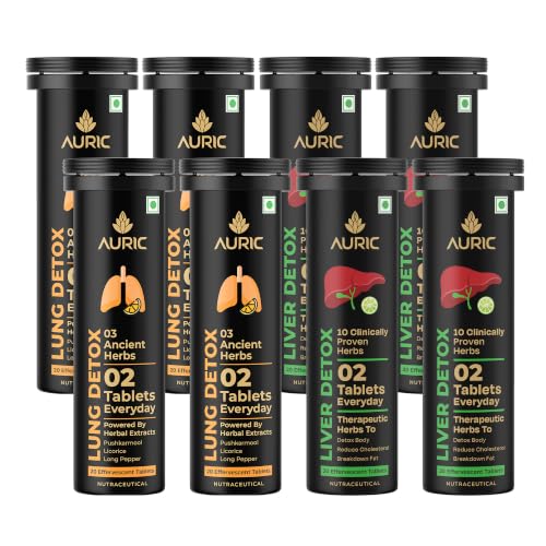 Image of Auric Liver & Lung Detox Combo Effervescent Tablets | 80 Tablets Each | Ayurvedic Herbal Blend with NAC, Licorice, Pushkarmool & 10 Herbs | Fizzy Wellness Drink