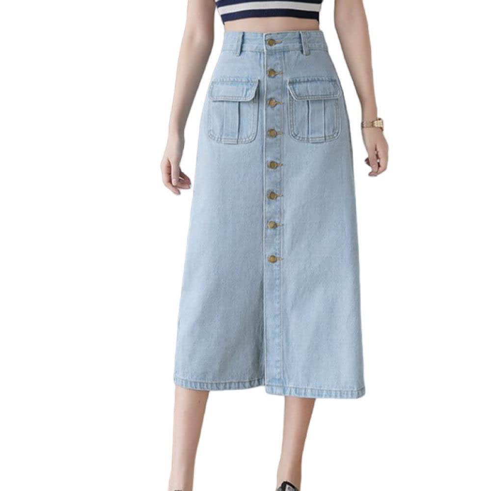 Röcke,Damen-Midirock Hellblau High Waist Breasted Schlitz Jeansrock Hüften-Umwickelt Mit Tasche Schlanke A-Linie Mode Lange Röcke Für Mädchen Damen,S