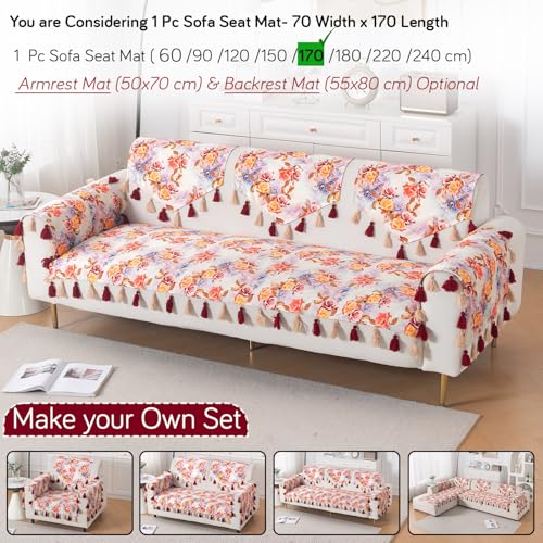 Image of HOKIPO Sofa Cover Mat with Tassel for 1 /2 /3 Seater & L Shape Sofa | DIY Sofa Cover Set | Digital Printed Holland Velvet | 'Whispers of Nature' | 70(W) x 170(L) cm | Vintage Rose Bloom (IN-1121-D12)