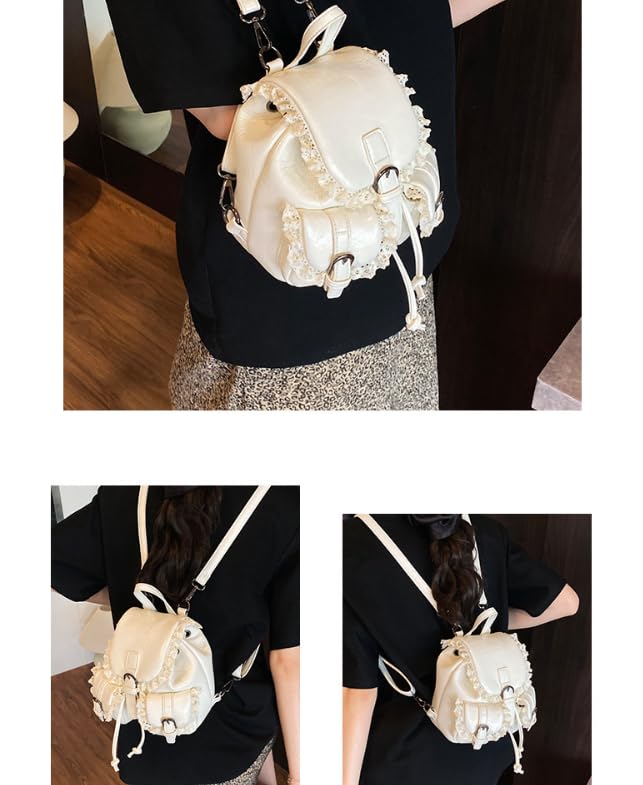 Mini Backpack Purse with Lace Trim, Faux Leather, Drawstring Closure, Fashionable and trendy school-style backpack (White)2