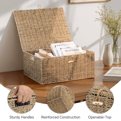 Image of StorageWorks Wicker Basket with Lid, Storage Baskets with Lids, Seagrass