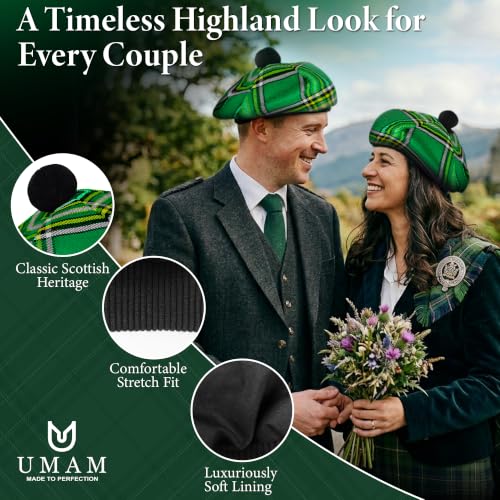 Image of Scottish Tam O' Shanter Hat Tartan Bonnet Pom Pom Wool Flat Cap One Size