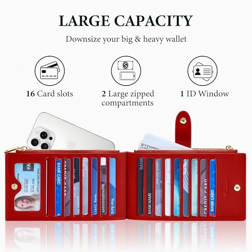 Image of Travelambo Womens Leather Bifold Wallet, Slim RFID Blocking Card Holder | Large Capacity, 16 Card Slots & ID Window, 2 Zipper Pockets, Dual Snap Closure, Slim Lightweight, RFID Privacy Protection