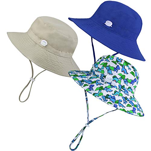 URATOT 3 Pack Boys Girls UPF 50+ Sun Protection Hats Swim Beach Bucket Sun Hat Wide Brim Chin Strap Hats for Kids Outdoors