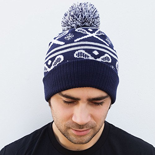 Navy with White Sticks Lacrosse Pom Pom Beanie Hat | Lax Hats by ChalkTalk Sports