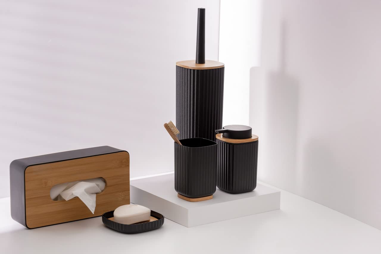 WENKO Set para inodoro Rotello, escobillero cerrado de plástico de calidad óptima con tapa de bambú y estructura acanalada, Ø 10 x 36 cm, incluye escobillero, cabezal reemplazable, negro/natural