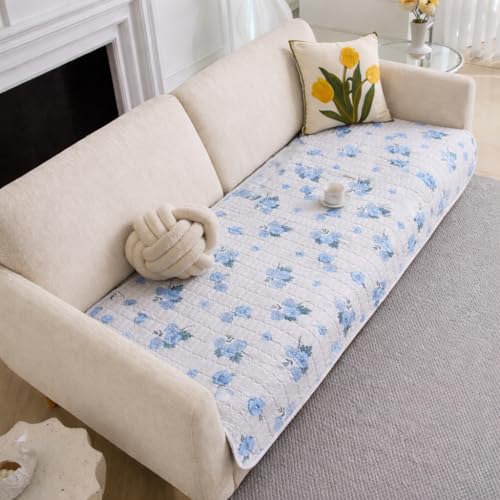 Image of HOMETHREADS Anti-Skid Sofa Protector Mat: Premium Printed Cotton Slipcover with Strong PVC Non-Slip Backing, (White Blue, 3 Seater | 180x75cm)