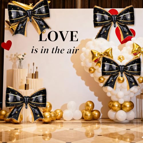 Image of 4Pcs Giant Bow Balloons, 97.5cm /38in Big Elegant Coquette Theme Balloons for Birthday Wedding Engagement & Party Large Decorations Bridal & Bachelorette Supplies (Star Dot Black)