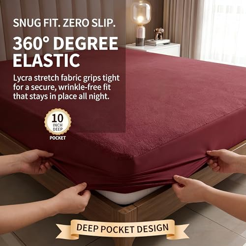 Image of 100% Waterproof Premium Cotton Feel Mattress Protector King Size 78x72 Inches | Breathable and Hypoallergenic Ultra Soft Fitted Bed Protector Cover (Maroon)