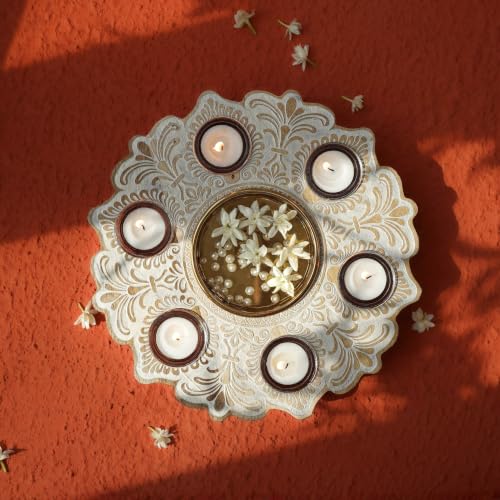 Image of BEHOMA Wooden Urli Bowl with 6 Tea Lights, Rustic White, 12 inch | Rustic white wooden mandala urli with 6 tea lights; perfect Diwali, rangoli & festive centerpiece.