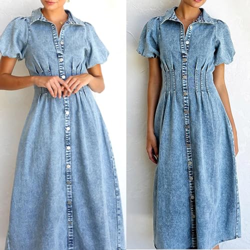 utcoco Women Long Denim Dress Puff Sleeve Button Down Casual Slim Fit Midi Jean Shirt Dress3