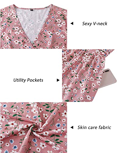 Image of Newshows Womens Summer Short Sleeve Casual Dresses V Neck Floral Vacation Sundress Faux Wrap Midi Dress with Pockets