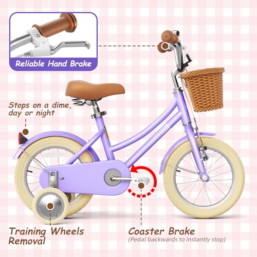 Image of Glaf Girls Bike with Training Wheels Toddler Kids Bike for 2-12 Years Old 12 14 16 18 20 Inch Children Cruiser Bicycle with Adjustable Seat and Handlebar (Purple, 12 Inch with Training Wheels)